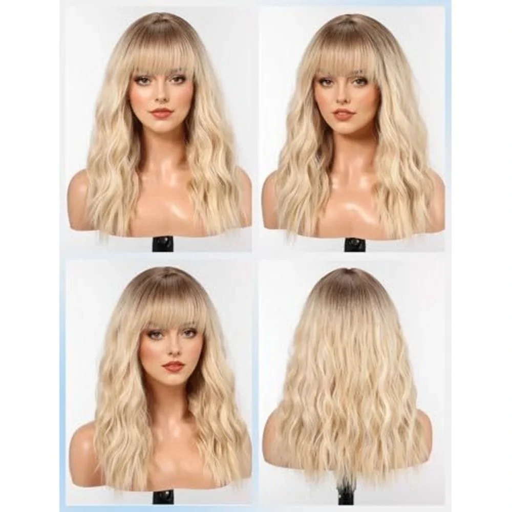 Ombre Blonde Wavy Wig with Bangs‎ Medium Length Synthetic Beach Wave Hairpiece